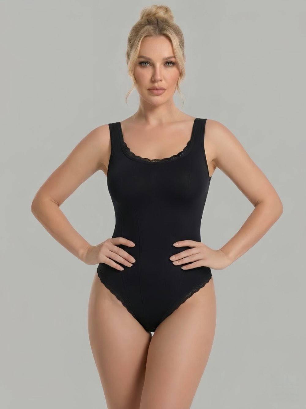 Sculpting Lace-Trim Bodysuit in Black